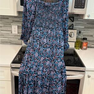 Blue Midi Dress with Smocking and Long Sleeves